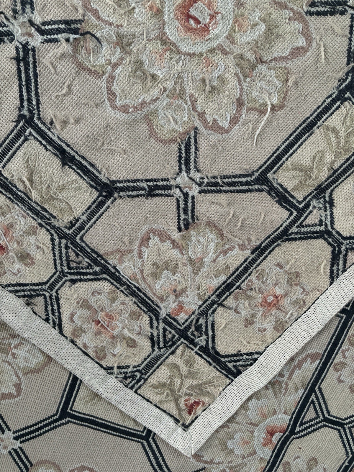 Needlepoint Runner Rug 2.5’ x 10’ English Floral Black Beige Tan Rose Pink Wool gallery