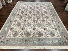 Belgium Power Loomed Rug 8×11, Ivory and Green, Wool Carpet, Floral