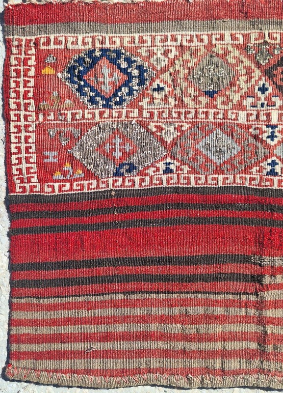 1940s Collectible Semi-Antique Kilim, Anatolian HandMade Rug, Fringed Wall Decor gallery