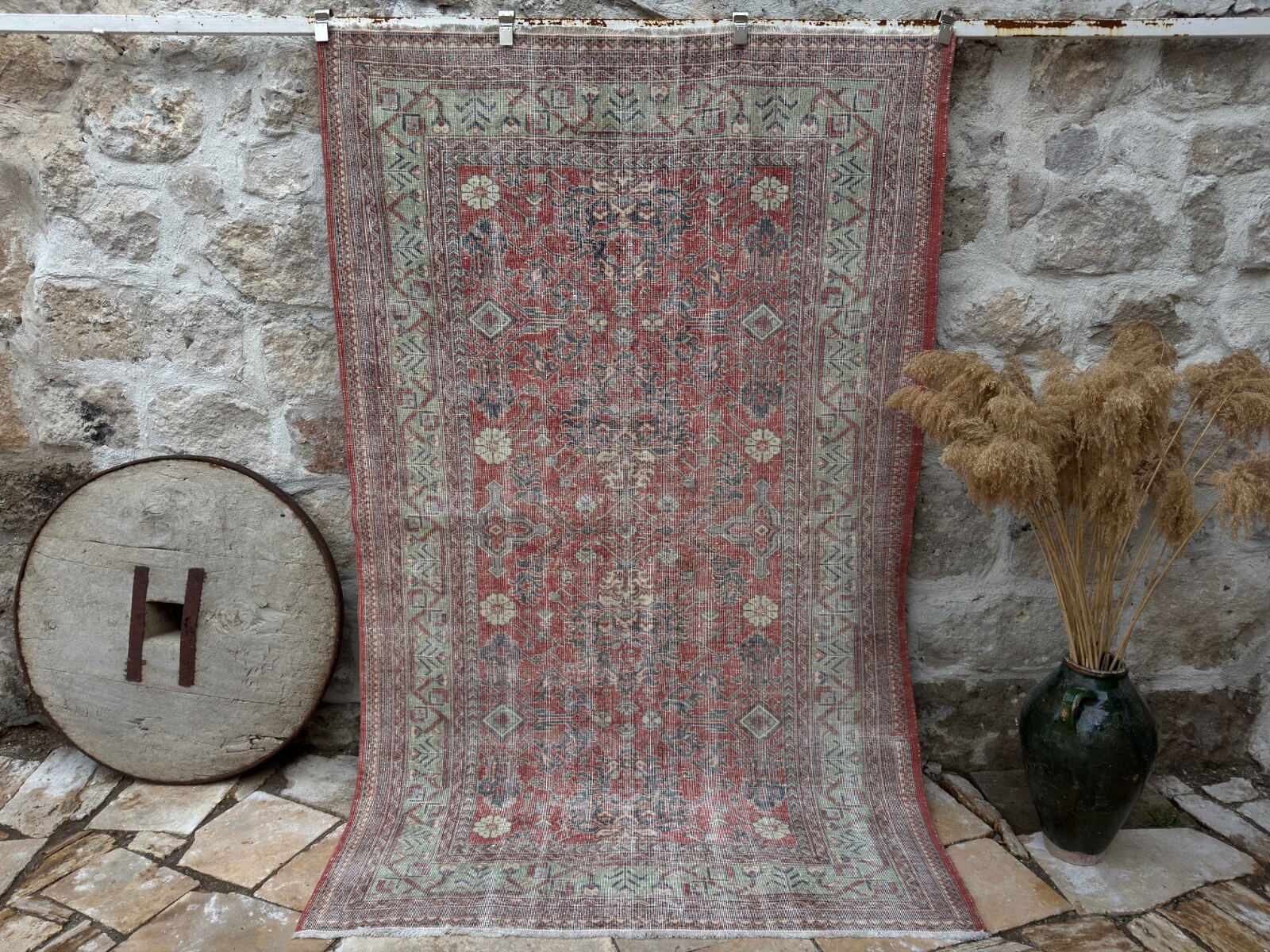 Hand-Knotted Turkish Large Rug 5x8 Red Wool Geometric Carpet for Living Room gallery