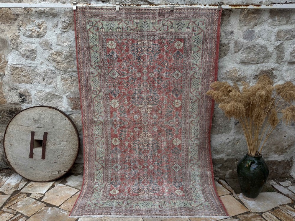 Hand-Knotted Turkish Large Rug 5x8 Red Wool Geometric Carpet for Living Room