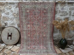 Hand-Knotted Turkish Large Rug 5×8 Red Wool Geometric Carpet for Living Room