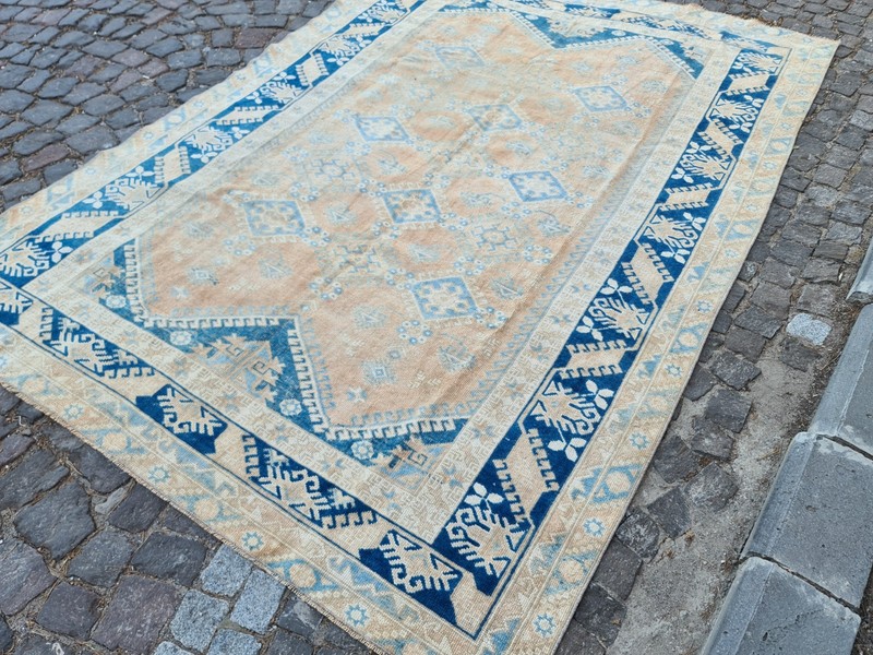 6.3x9.1 ft Vintage Blue Turkish Rug – Handmade Wool Area Carpet – Boho Decor gallery