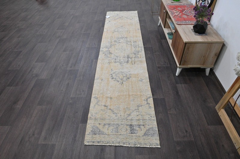 Vintage Turkish Runner Rug 2x10ft BEIGE Handmade Anatolian Oushak Hallway Wool gallery