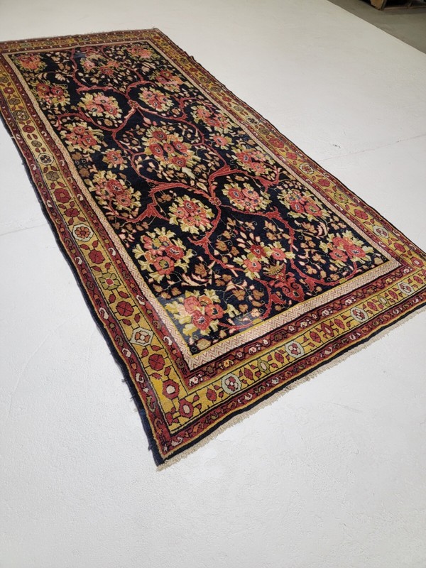 Antique Oriental Hand-Knotted Wool Area Rug Navy Blue/Red/Ivory/Gold 4' x 9' gallery