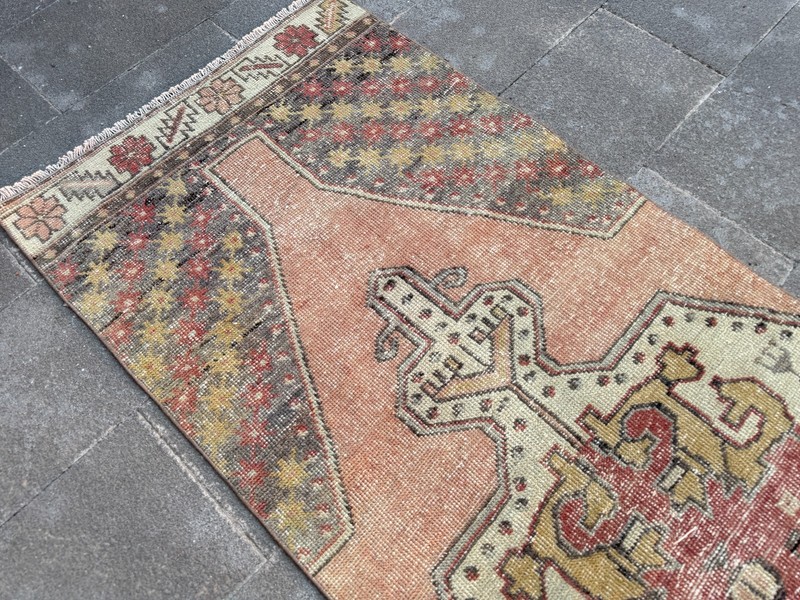 Vintage Turkish Oushak Runner Rug 2.7x9.5 ft Pink Sage Hallway Area Rug gallery