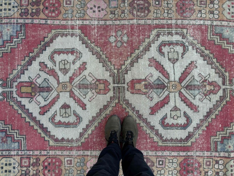 Hand-Knotted Vintage Area Rug 4x9 Red Wool Geometric Carpet Muted Medium Size gallery