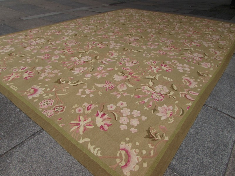 Vintage Hand Made French Design Wool Green Large Original Aubusson 366X264cm gallery