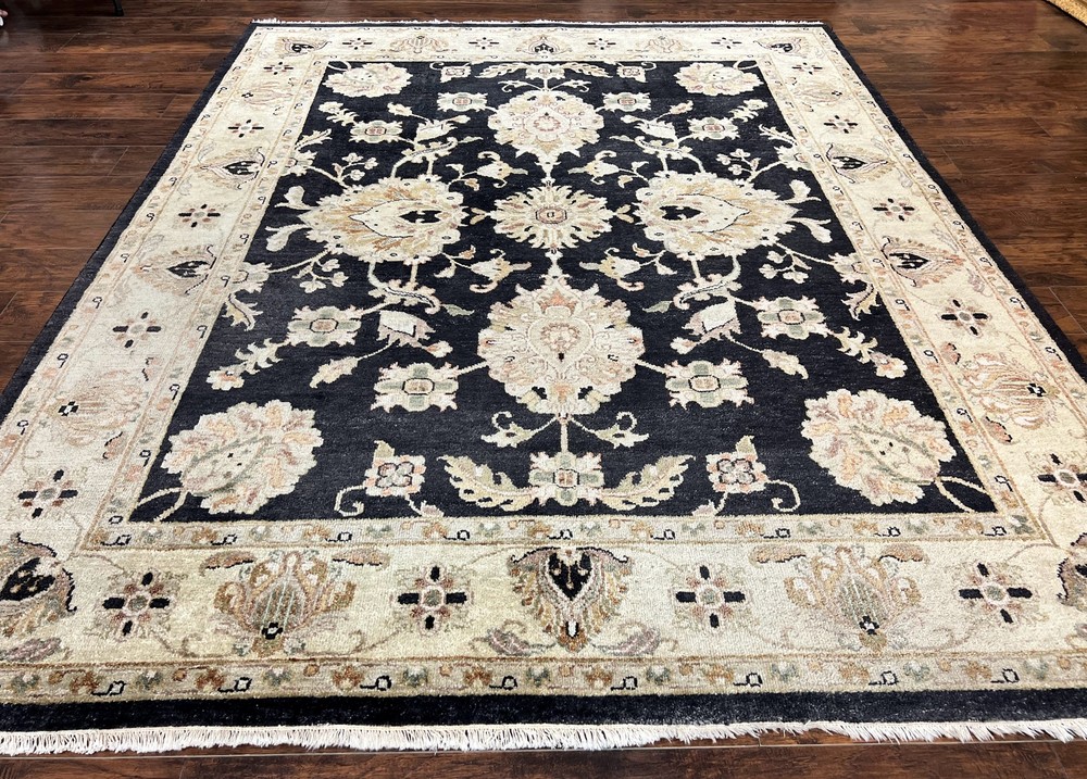 Indo Mahal Rug 8x10, Black and Beige, Vintage Rug 8 x 10 ft, Floral, Wool Carpet