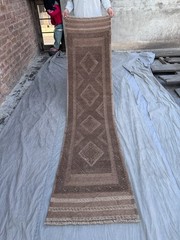 Vintage Afghan Geometric Runner Rug, 2×8 Handmade Wool Faded Tribal Entryway Rug
