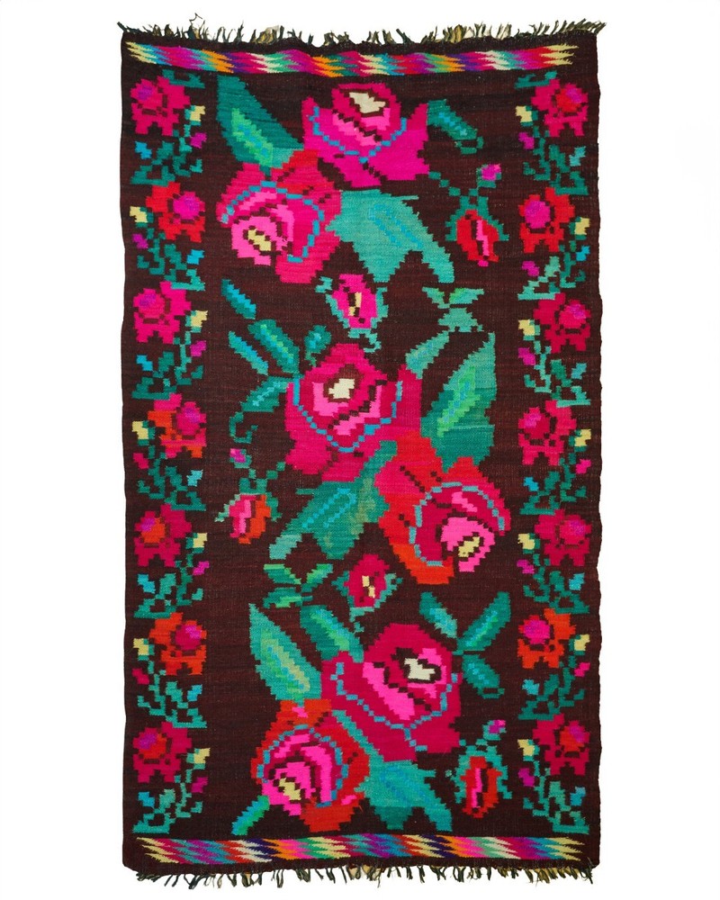 Bessarabian Kilim Rug 100% Wool Floral Roses Dark Brown Pink 1970s Romania 7x4ft