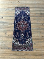 Hallway Kitchen Runner Rug 2×7 Vintage Turkish Navy Blue Red Floral Wool Mat