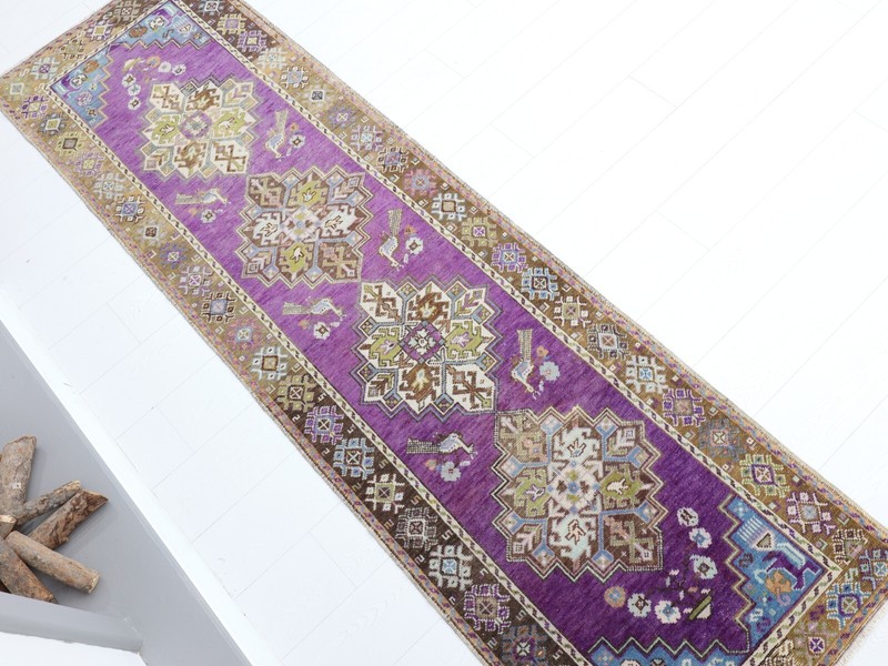 2.10x10.2 Vintage Turkish Runner,Purple Oushak Tribal Hand Knotted Wool Area Rug gallery