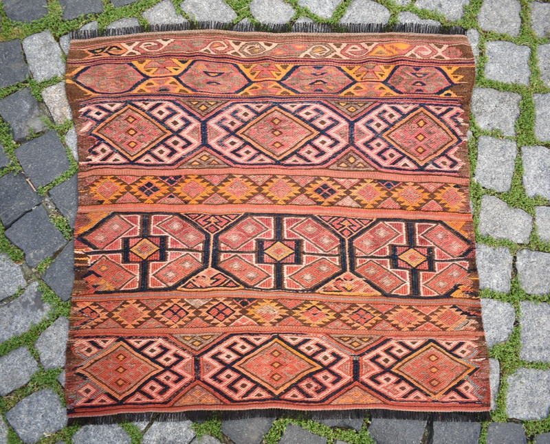 Antique Turkish Rug 33'' x 32'' Rare Soumak Rug Nomadic Woven Soumak Wool Rug gallery