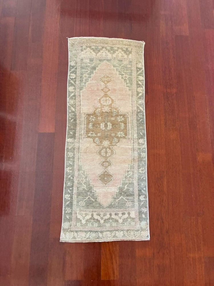 Muted Pastel 2x4 Small Runner Pink Green Cream Wool Hand Knotted Vintage Rug