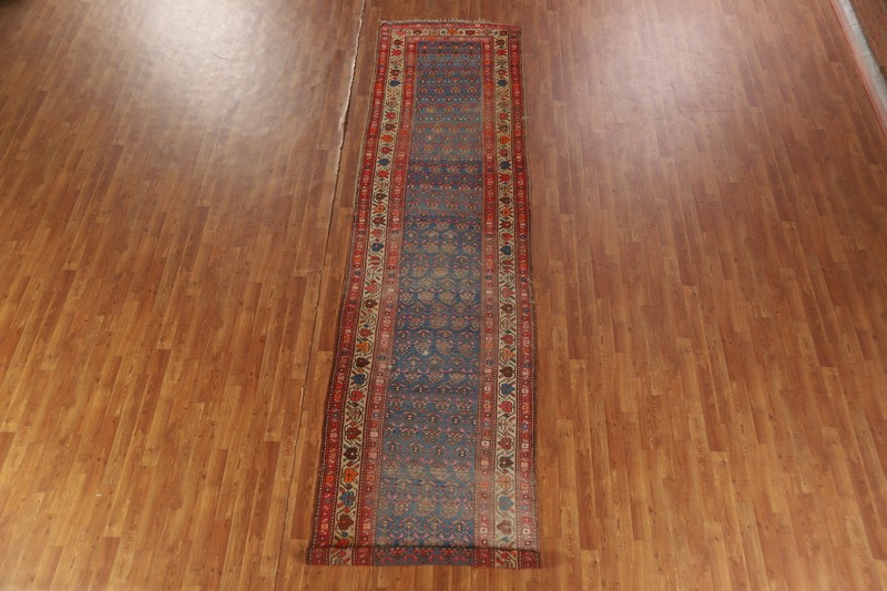 Pre-1900 Handmade Rug Blue Wool Vegetable Dye Heriiz Bakhshayesh Runner Rug 3x15 gallery