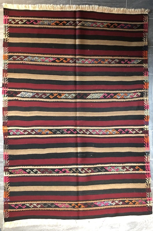 Vintage Turkish Kilim Kelim Rug 5'2''x7'4'' Red, Brown, Black, Orange, Pink, gallery