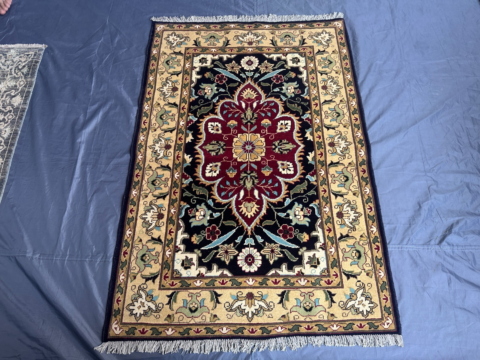 Black Turkish Floral Rug 3.4x4.10 Vintage Hand Knotted Wool Gold Medallion gallery