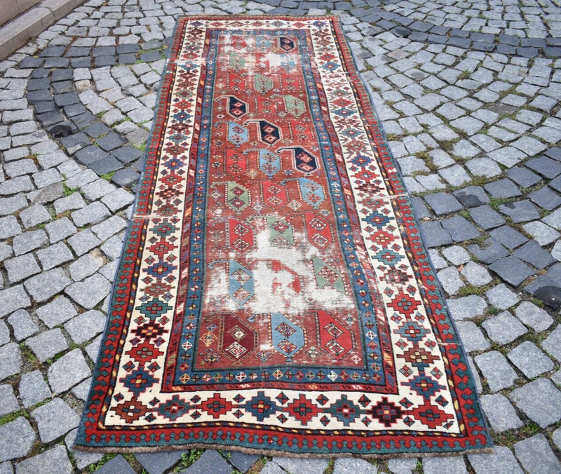 Fabulous Antique Kazak Rug 45'' x 95'' Caucasian Collector Item Genje Kazak Rug gallery