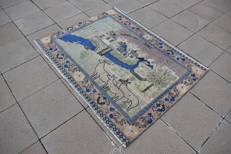 Stunning Wall Decor Rug 4'9'' x 3'8'' ft. Vintage Anatolian Pictorial Oushak Rug gallery