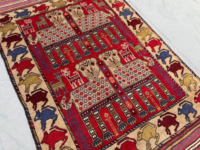 Vintage Afghan Hand Knotted Pictorial Rug 4'1x6'4 Wool Animal Tribal Wall Rug gallery