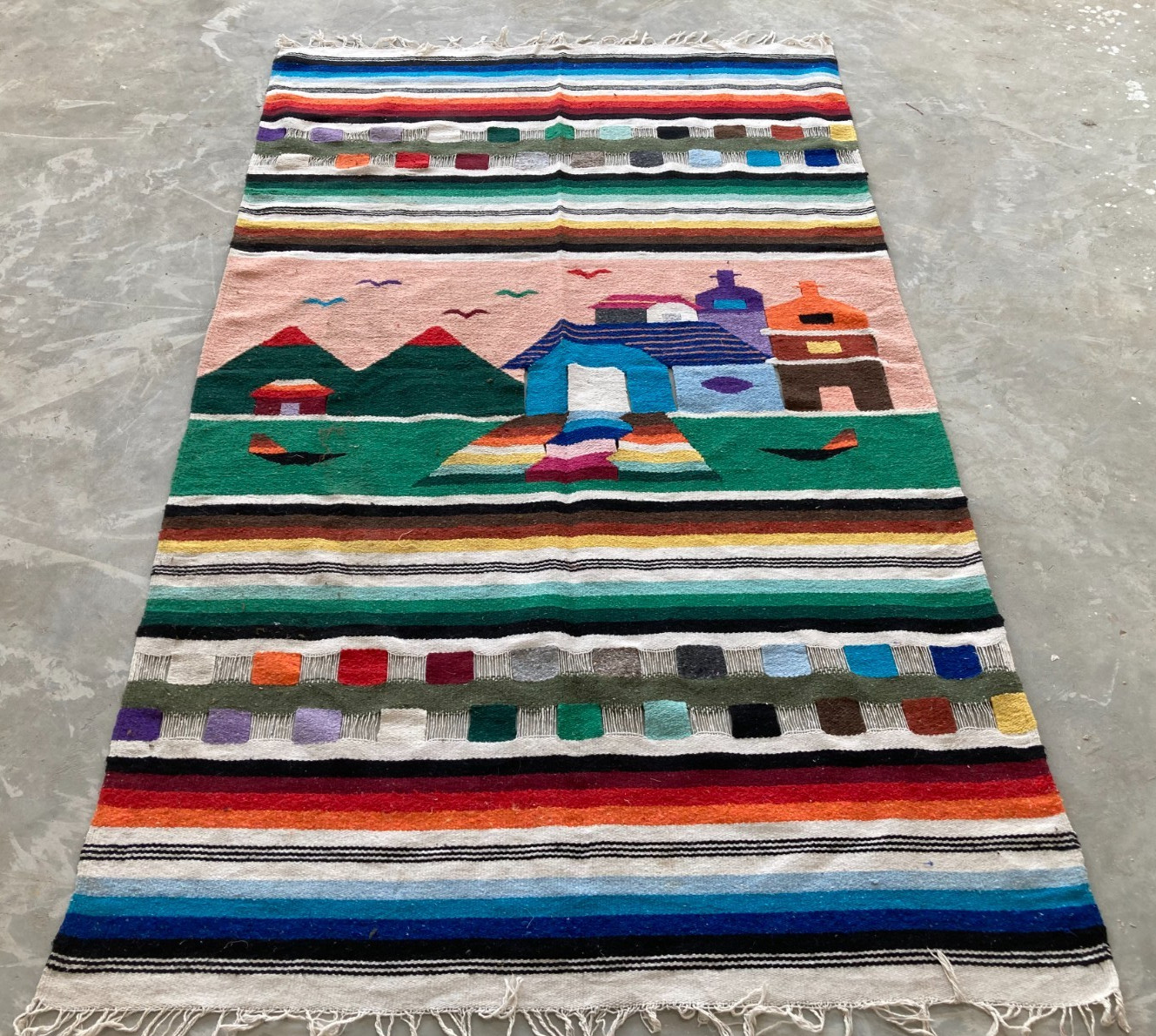 Vintage Handmade Mexican Pictorial Wool Kilim Rug Carpet 223x120 cm gallery