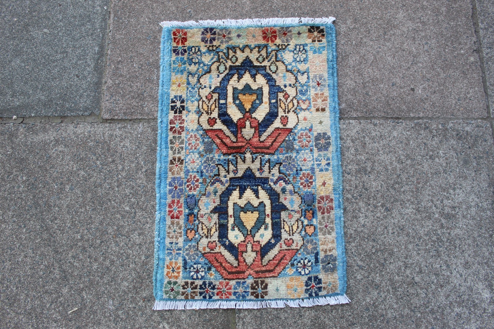Vintage Hand Made Traditional Rug Oriental Wool Blue Small Rug 63x40cm gallery
