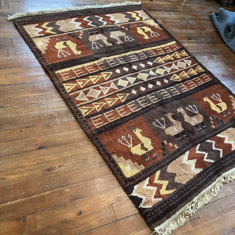 Vtg wool Berber Danish Rya Rug Mid Century Modern Love Birds 4'.6"X 6'.6 Denmark gallery