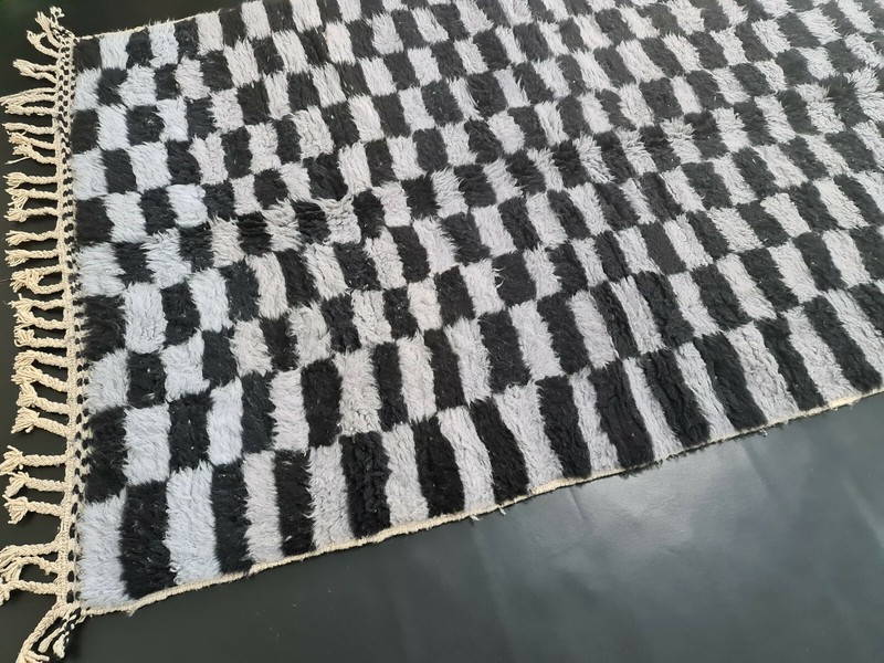 Handmade Moroccan Beni Ourain Rug 5'5"x8'1" Checkered Black Gray Berber Carpet gallery