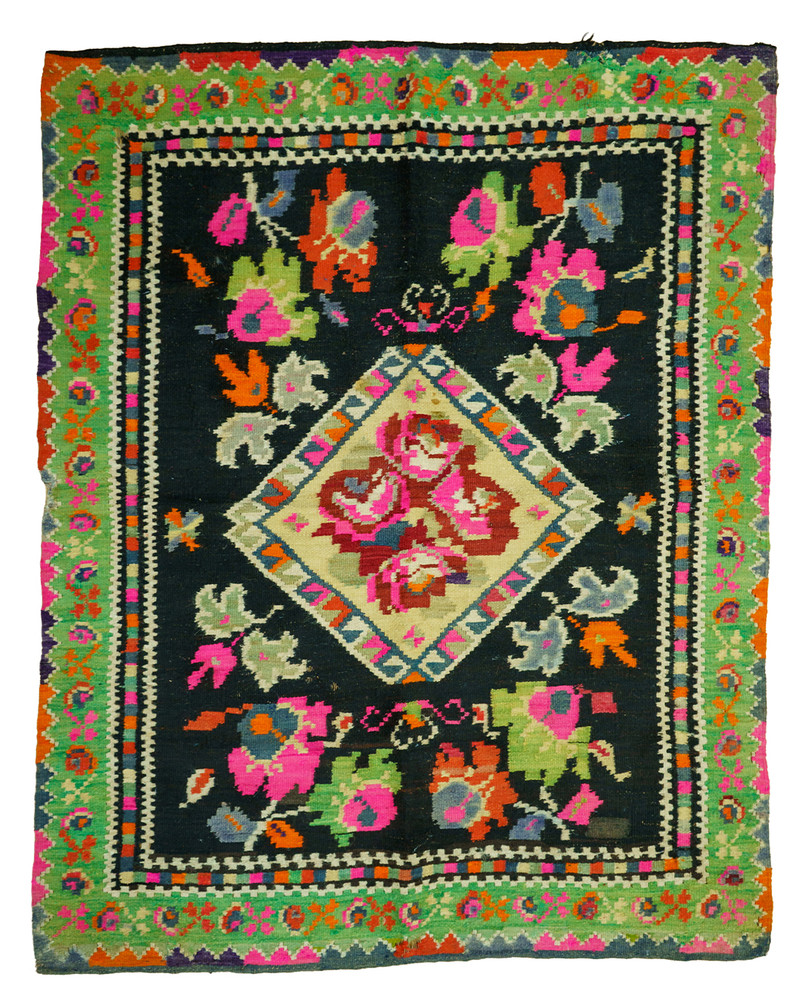 Antique Romanian Bessarabian Kilim Rug Handwoven Wool Floral Medallion 1930s