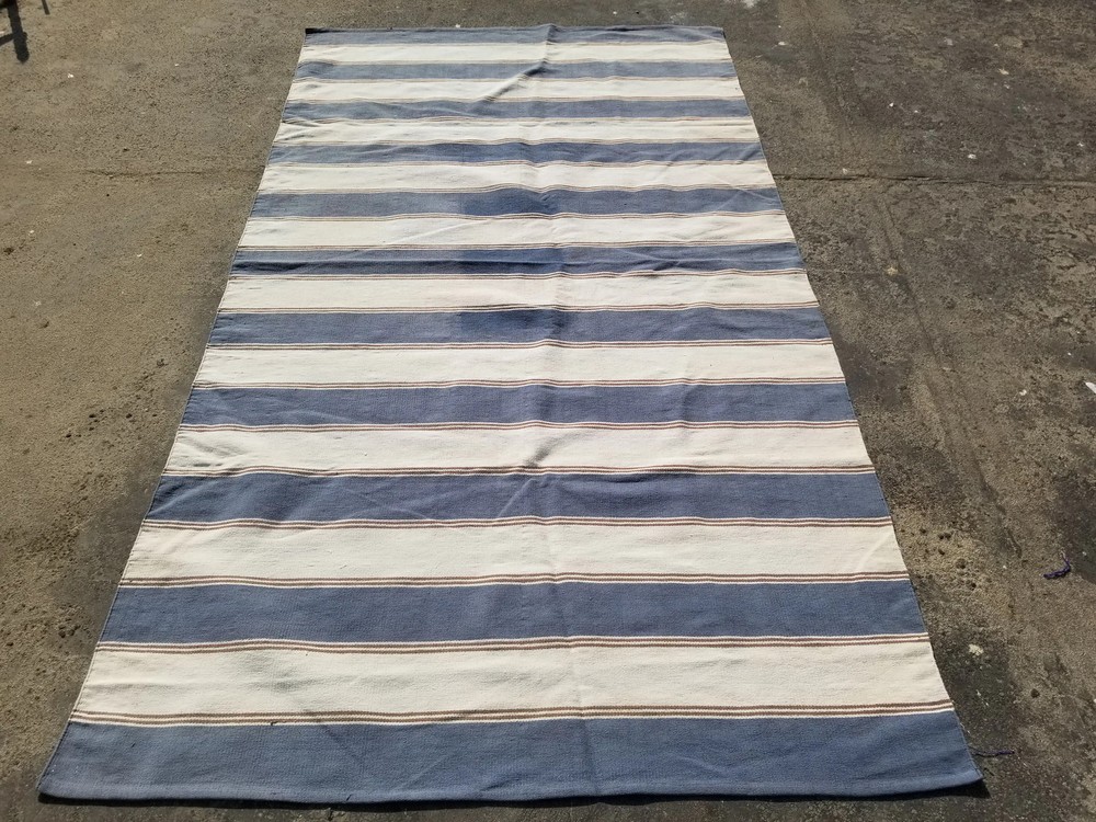 Vintage Traditional Handmade Blue & White Striped Dhurrie Wool Kilim 8x4.4 ft