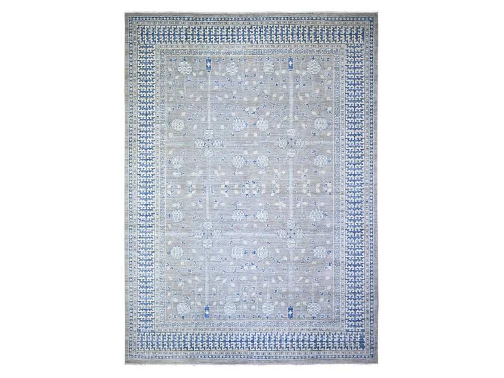 9'9"x13'8" Coin Gray, Hand Knotted, Washed Out Khotan Inspired Pomegranate Desig