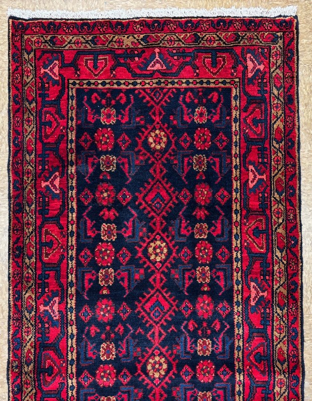 Hamedan Wool Runner Rug 4x13 Hand Knotted Tribal Oriental Navy Blue Hall Vintage gallery