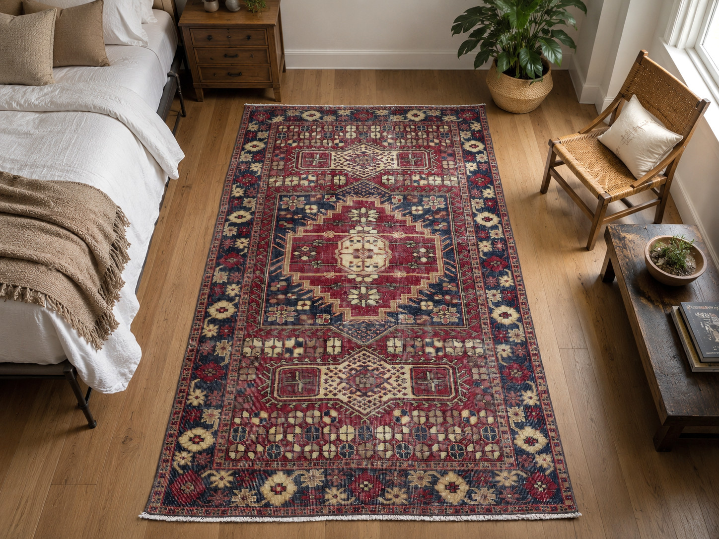 Burgundy Classical Vintage Turkish Rug, Handmade Kelim Medallion Carpet 46"x77" gallery