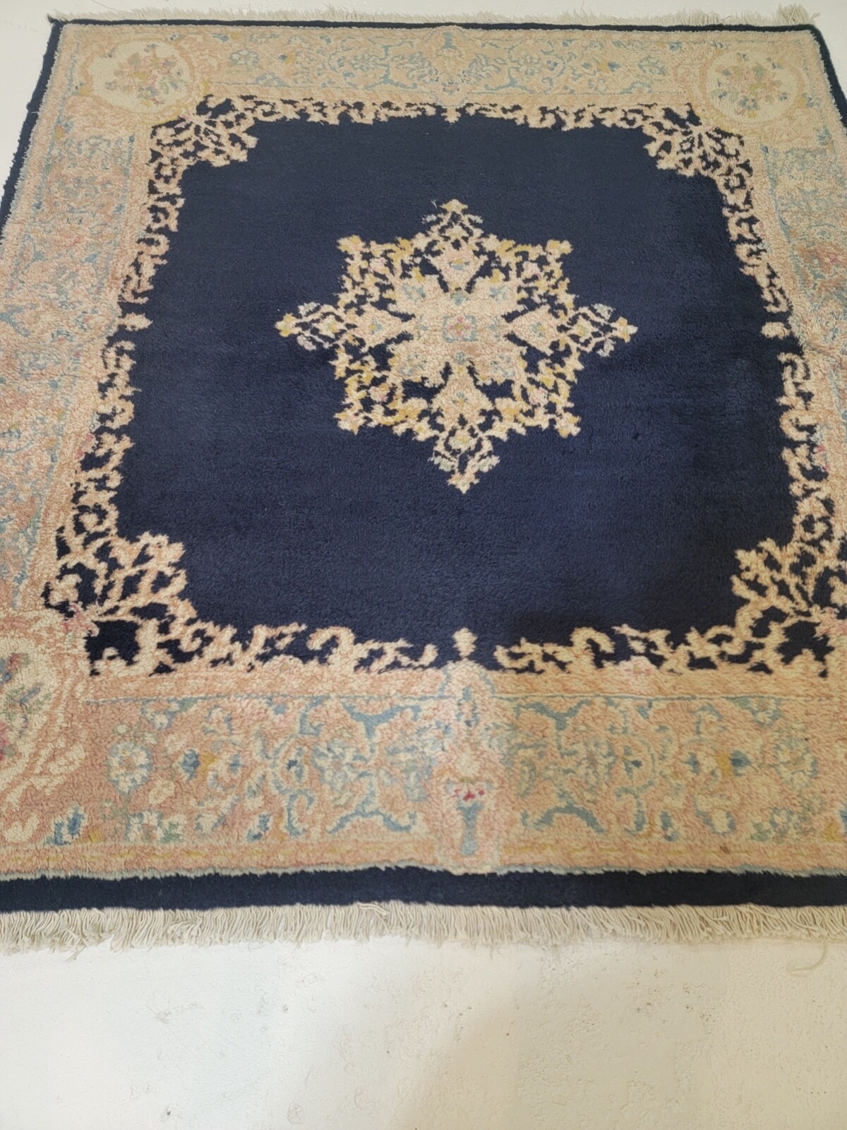 Antique Oriental Hand-Knotted Wool Area Rug Navy Blue/Terracotta/Beige 4' x 4'4" gallery