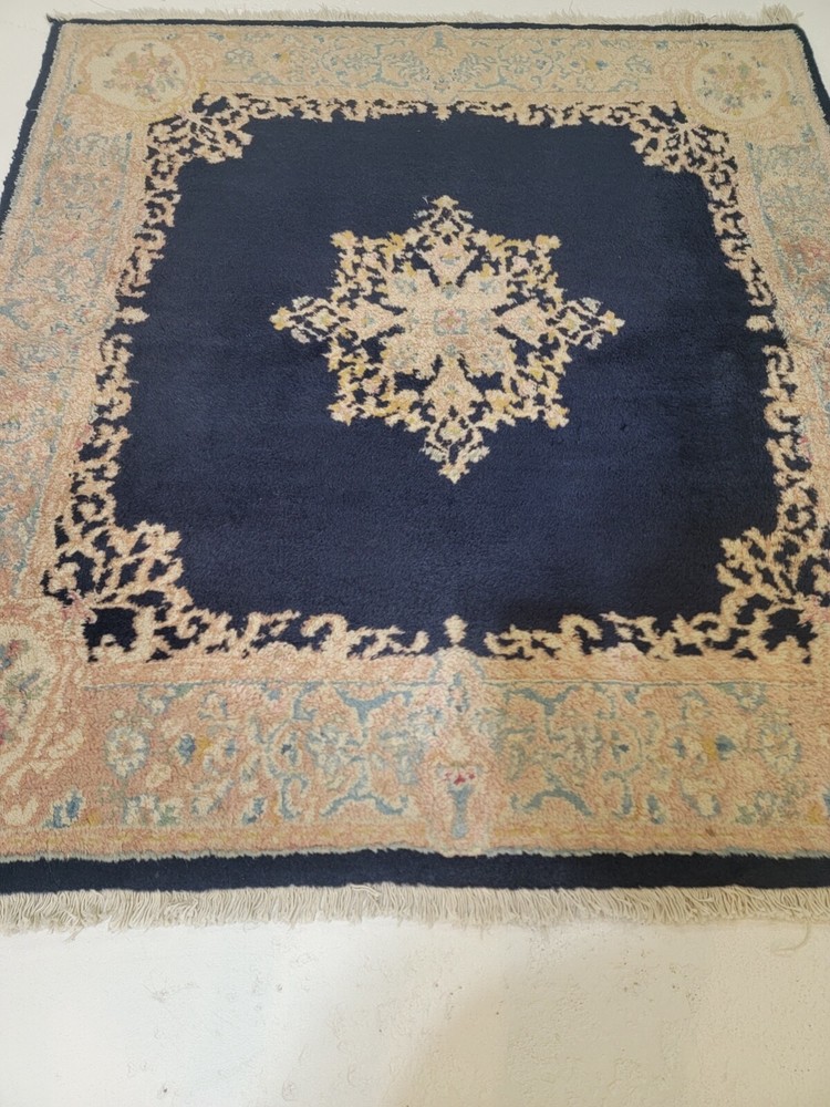Antique Oriental Hand-Knotted Wool Area Rug Navy Blue/Terracotta/Beige 4' x 4'4"