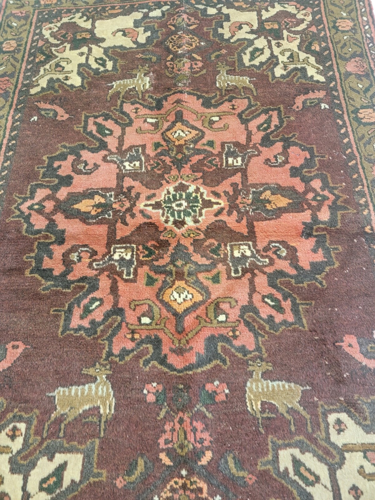 Antique Oriental Hand-Knotted Wool Area Rug Salmon/Burgundy/Green 4'5" x 6'5" gallery