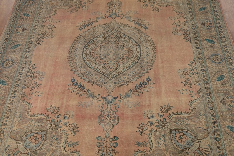 Vintage Muted Coral Floral Wool Tebriz Area Rug 10x13 Hand-made Room Size Carpet gallery