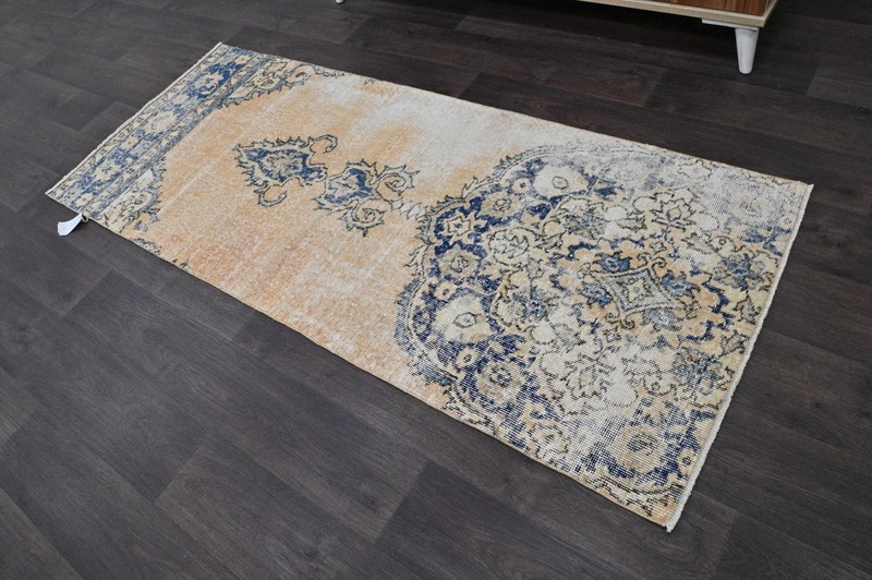 Vintage Turkish Runner Rug 2x6ft BEIGE Handmade Anatolian Oushak Hallway Wool gallery
