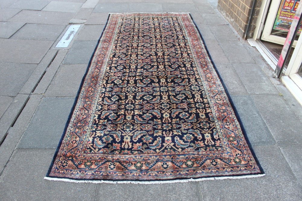 Vintage Hand Made Traditional Oriental Wool Blue Large Long Rug 321x132cm