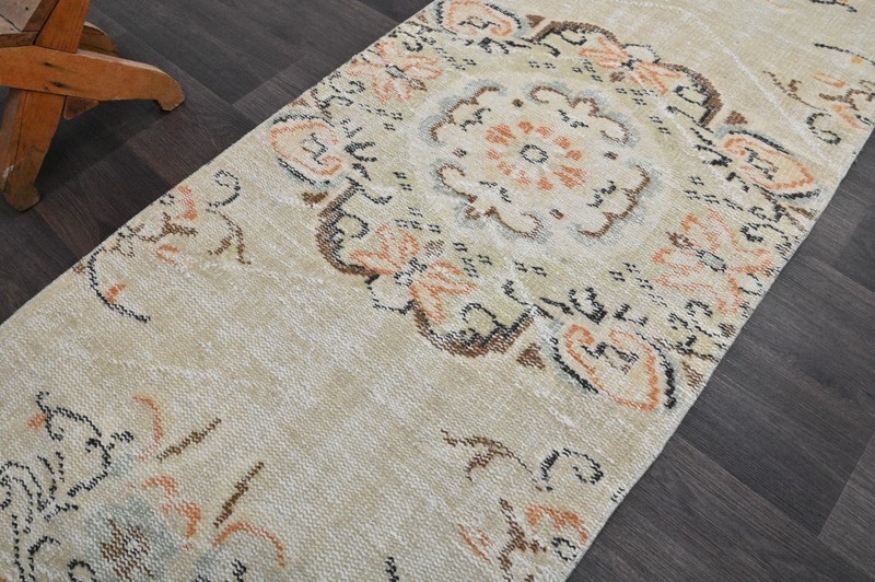 Vintage Turkish Runner Rug 2x7ft Wool Anatolian Handmade Hallway Oushak BEIGE gallery