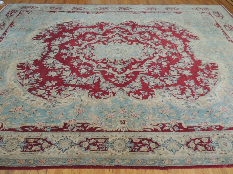 9x12 Antique Kermaan wool Oriental Rug Ivory Blue Red Medallion WOW! gallery