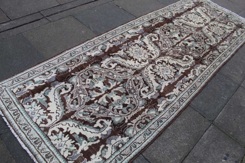 Vintage Hand Made Traditional Oriental Wool Brown Grey Long Runner 310x112cm gallery