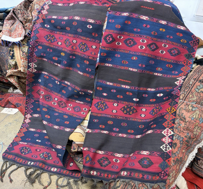 Auth: 19th C Yuruk Kurdish Kilim Drapery Hanging Wool & METAL 60x72 gallery
