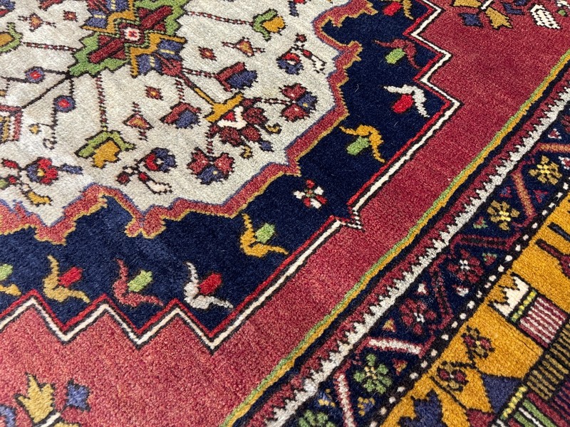 Turkish Hand Knotted Wool Rug 4x7 Vintage 1960s Antique Red Gold Medallion Rug gallery