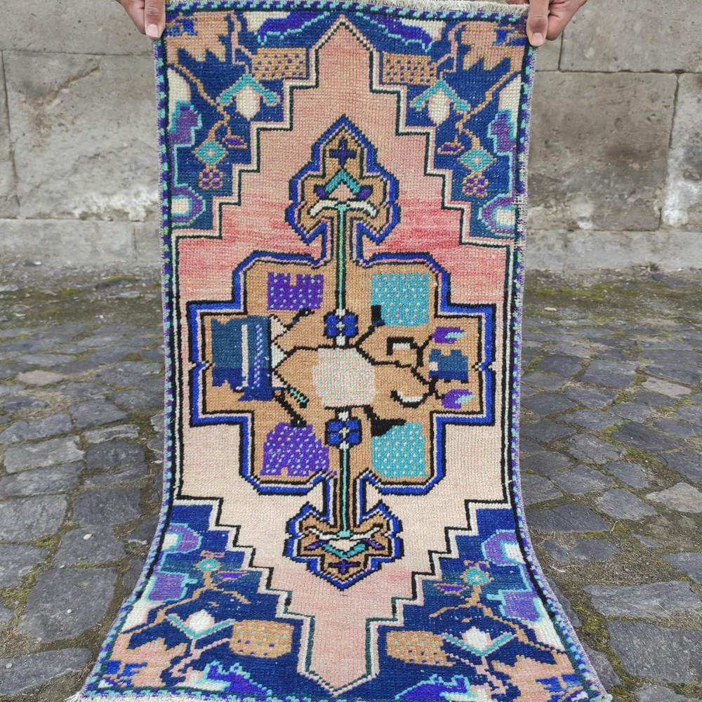 2x3 Turkish Vintage Small Rug Handmade 49 x 98 cm Bath Mat 1.61 x 3.22 ft