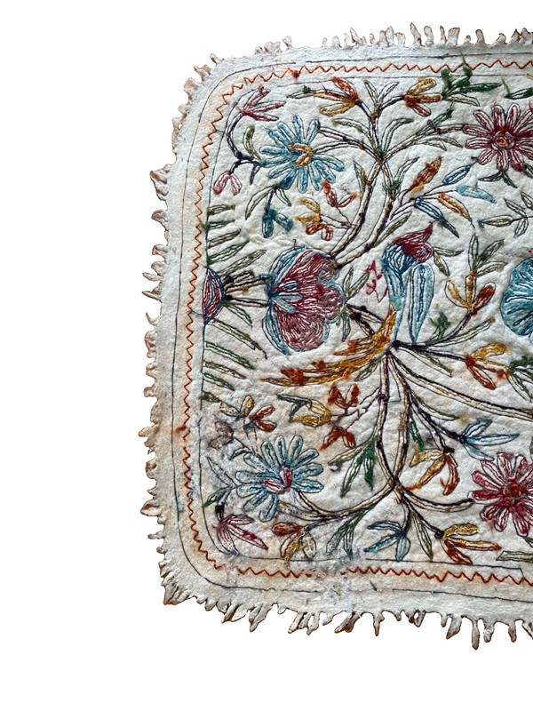 Antique Kashmiri Namada Rug Handcrafted Wool Aari Embroidery Bird Floral Motif gallery