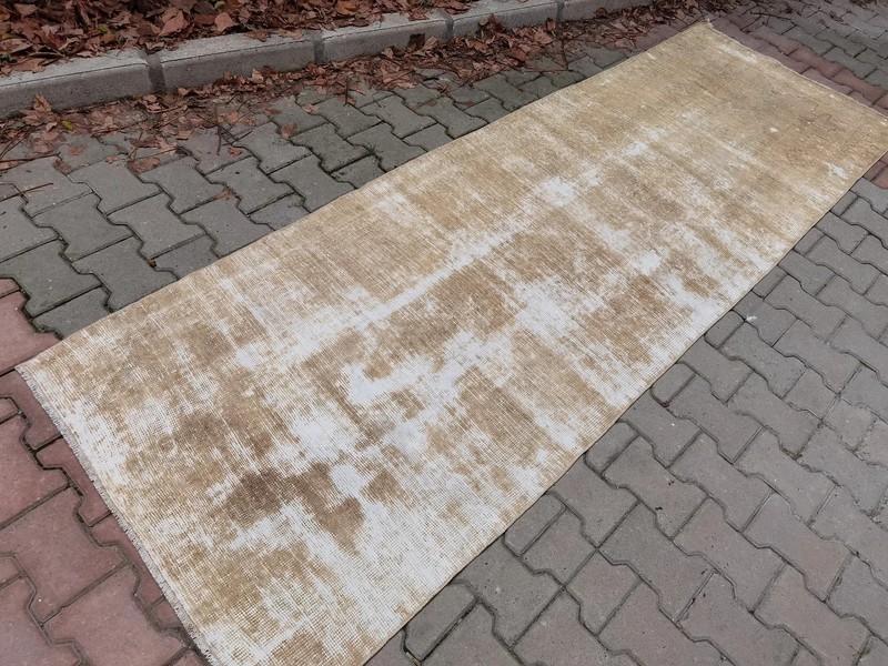 Vintage Turkish Oushak Runner 3x10 Hand Knotted Wool Distressed Beige Ghost gallery