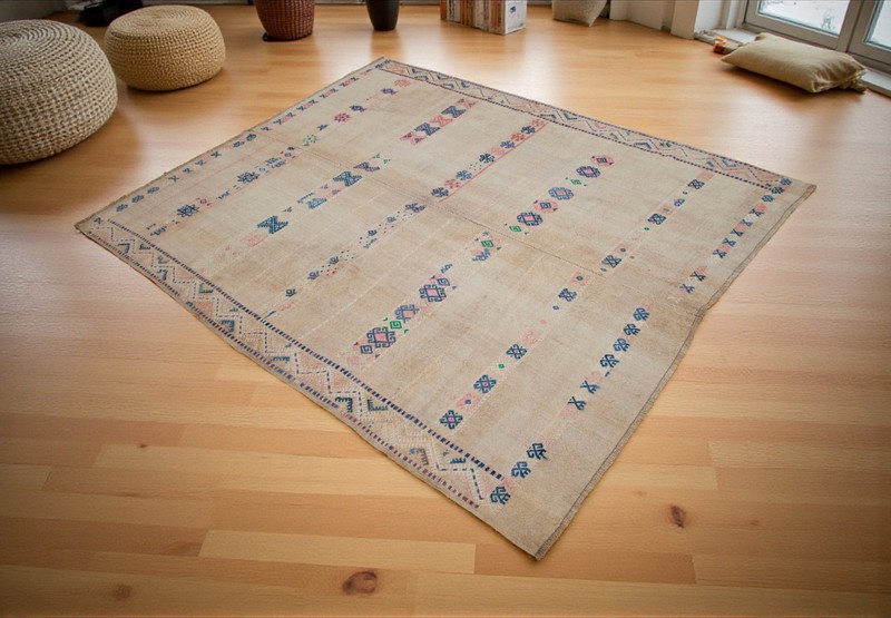 Vintage Turkish Rug Kilim Hand Woven Natural Wool Area Rug Sofreh! 6x7 ft Approx gallery