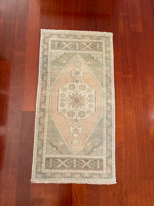Muted Pink Green 2x4 Small Runner Wool Hand Knotted Vintage Turkish Oushak Rug gallery